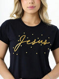 T-Shirt de Algodão Jesus com Aplicação de Pérolas