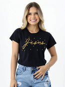 T-Shirt de Algodão Jesus com Aplicação de Pérolas