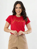 T-Shirt de Algodão Jesus com Aplicação de Pérolas