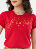 T-Shirt de Algodão Jesus com Aplicação de Pérolas