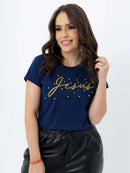 T-Shirt de Algodão Jesus com Aplicação de Pérolas