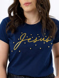 T-Shirt de Algodão Jesus com Aplicação de Pérolas