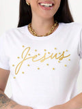 T-Shirt de Algodão Jesus com Aplicação de Pérolas