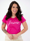 T-Shirt de Algodão Jesus com Aplicação de Pérolas