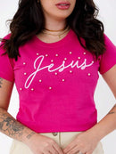 T-Shirt de Algodão Jesus com Aplicação de Pérolas