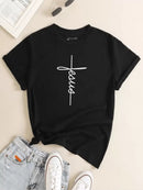 Camiseta feminina t-shirt básica estampa Jesus vertical 100% algodão tendencia casual