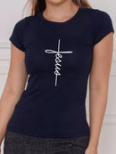 Camiseta feminina t-shirt básica estampa Jesus vertical 100% algodão tendencia casual