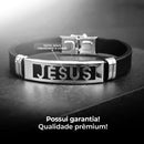 Pulseira de Fé Masculina – Aço Inoxidável com Borracha, Detalhe Jesus, Dourada e Ajustável