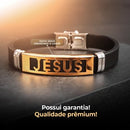 Pulseira de Fé Masculina – Aço Inoxidável com Borracha, Detalhe Jesus, Dourada e Ajustável