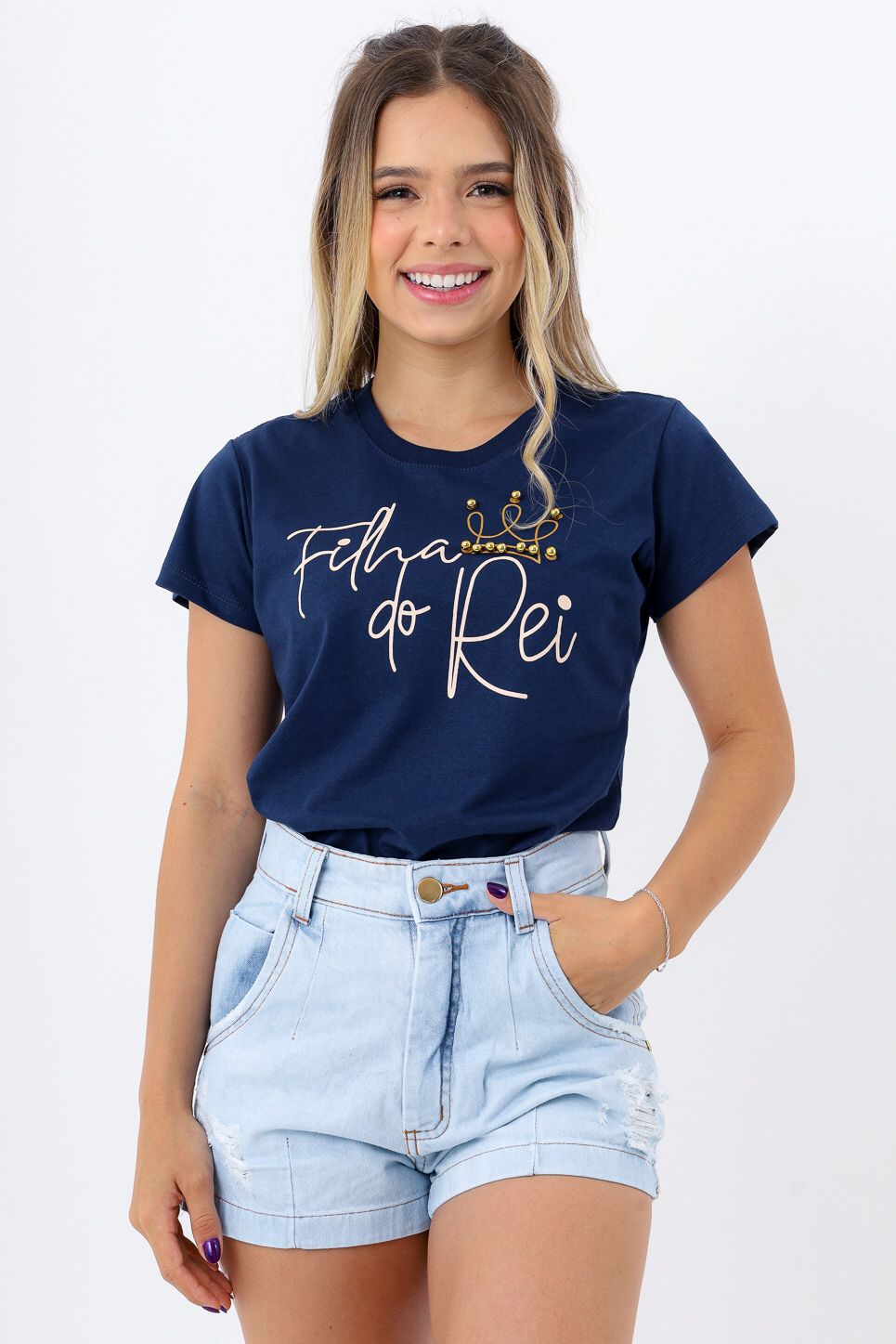 T-SHIRT FILHA DO REI COM PEROLAS - AZUL MARINHO