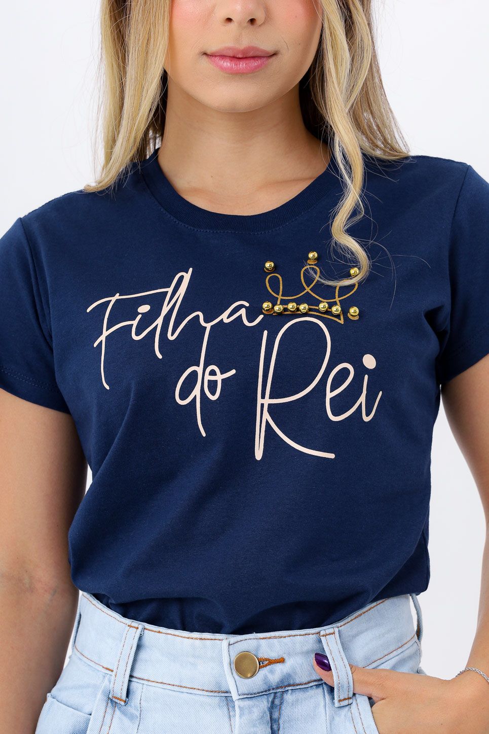 T-SHIRT FILHA DO REI COM PEROLAS - AZUL MARINHO