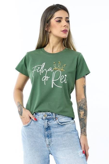 T-SHIRT FILHA DO REI COM PEROLAS - VERDE MILITAR #1