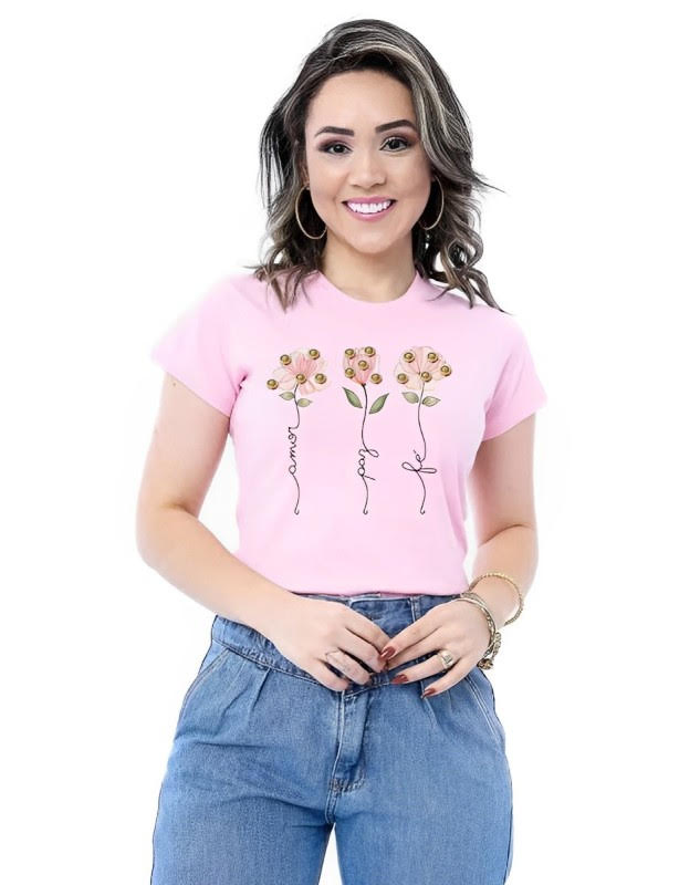 T-SHIRT FLORES PEROLAS PAZ FE AMOR SAUDE - ROSA BEBE