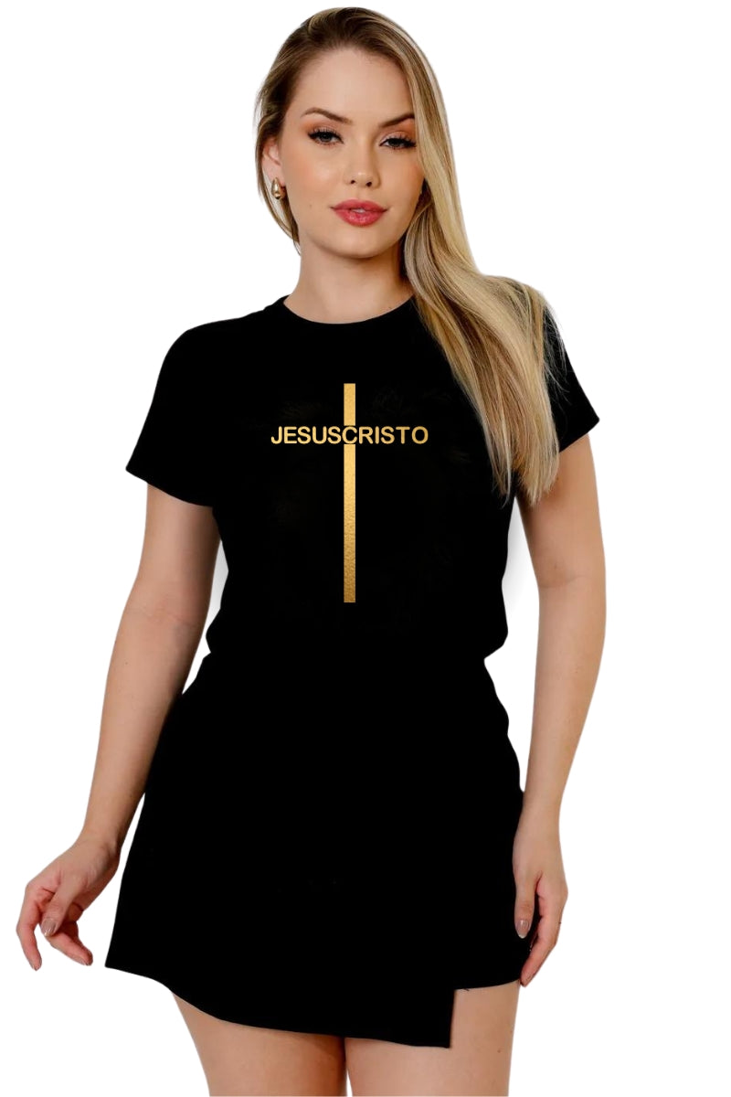 Camiseta Jesus Cristo Cruz Dourada Preta: Fé, Estilo e Conforto Premium