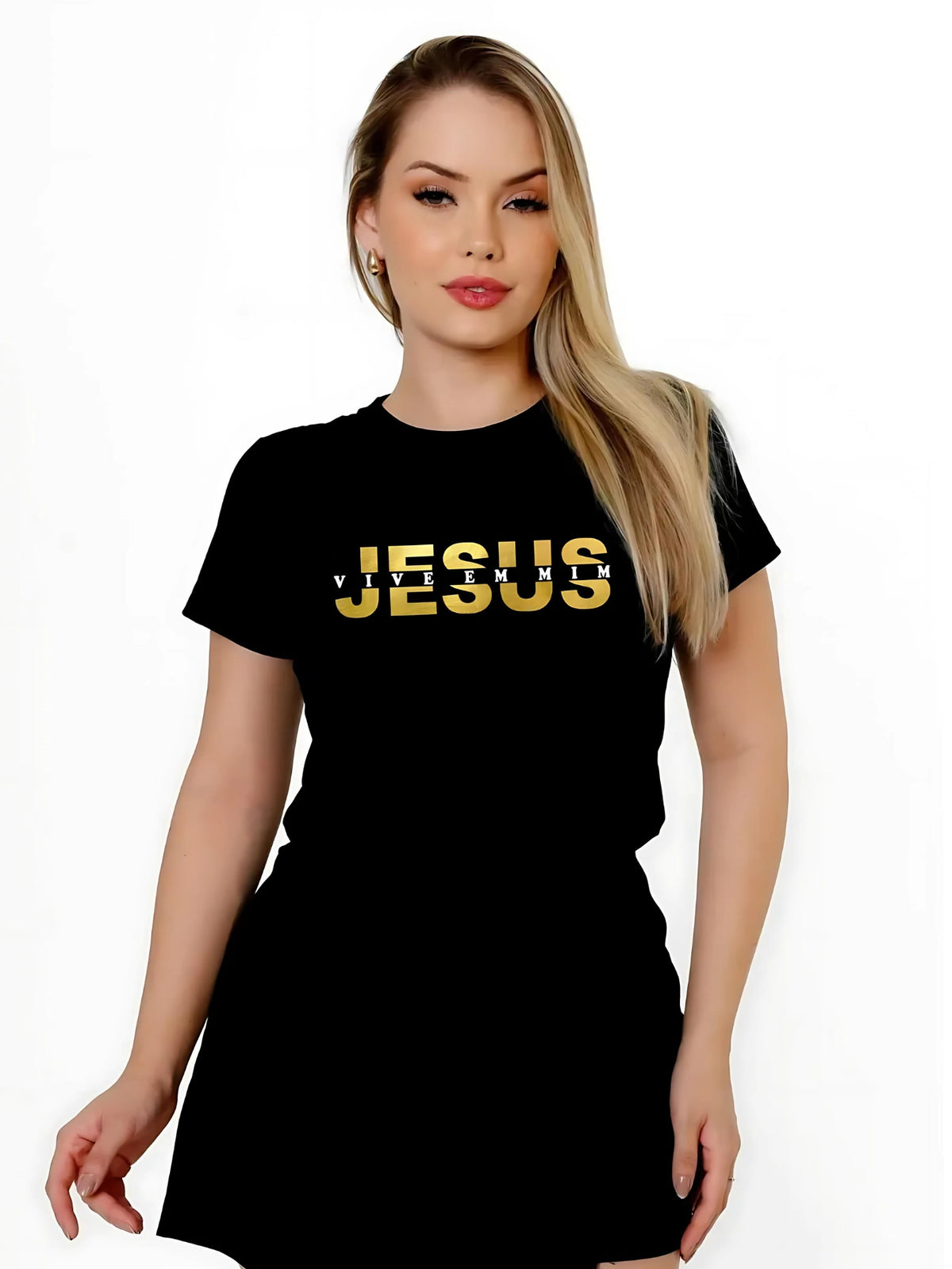 T-SHIRT JESUS VIVE EM MIM DOURADO - PRETO