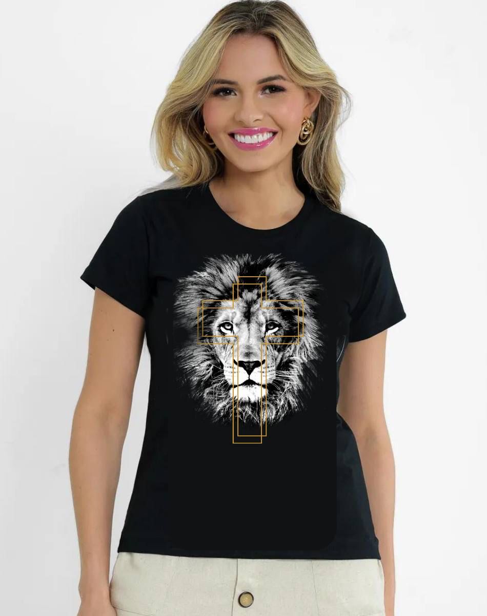 Camiseta Leão Cruz Dourada Preta Feminina Algodão Fio 30.1 Penteado Confortável Estilosa